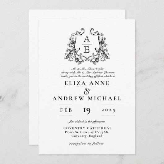  zwart-wit Monogram Crest bruiloft Kaart (Voorkant / Achterkant)