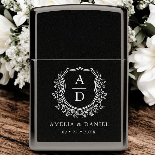 Zwart Wit Monogram Crest Elegant Huwelijk