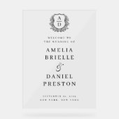 Zwart Wit Monogram Crest Wedding Welkomstbord Acryl Bord (Voorkant)