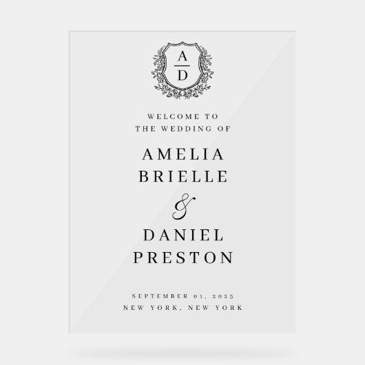 Zwart Wit Monogram Crest Wedding Welkomstbord Acryl Bord (Voorkant)