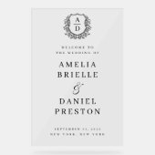 Zwart Wit Monogram Crest Wedding Welkomstbord Acryl Bord (Voorkant)