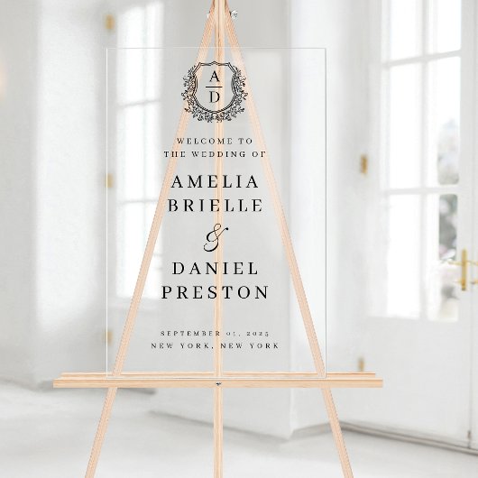 Zwart Wit Monogram Crest Wedding Welkomstbord Acryl Bord