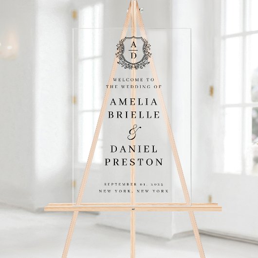 Zwart Wit Monogram Crest Wedding Welkomstbord Acryl Bord