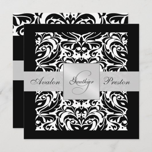Zwart-wit monogram Damask Border Uitnodiging (Voorkant / Achterkant)