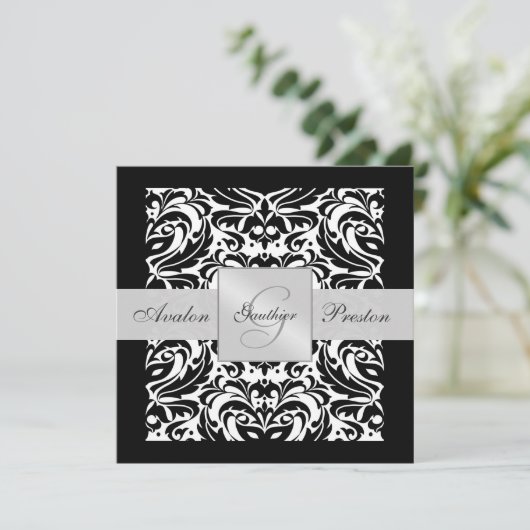 Zwart-wit monogram Damask Border Uitnodiging (Staand voorkant)