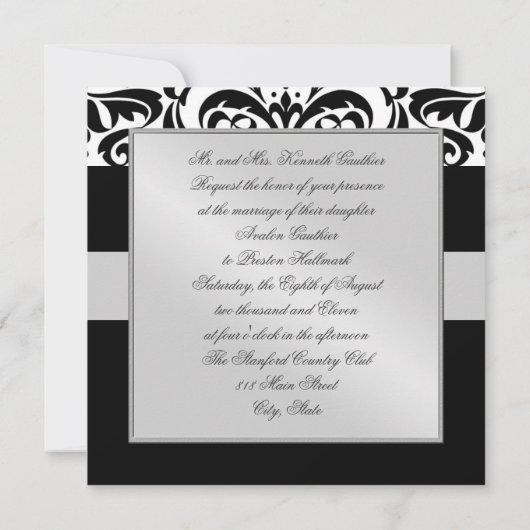 Zwart-wit monogram Damask Border Uitnodiging (Achterkant)