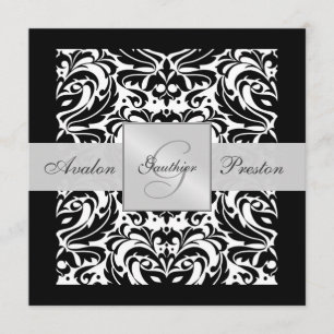 Zwart-wit monogram Damask Border Uitnodiging