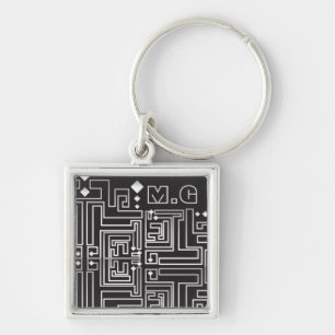 Zwart-wit monogram doolhofpatroon sleutelhanger