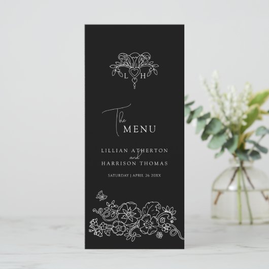 Zwart wit monogram fleur de lis bruiloft menu (Staand voorkant)