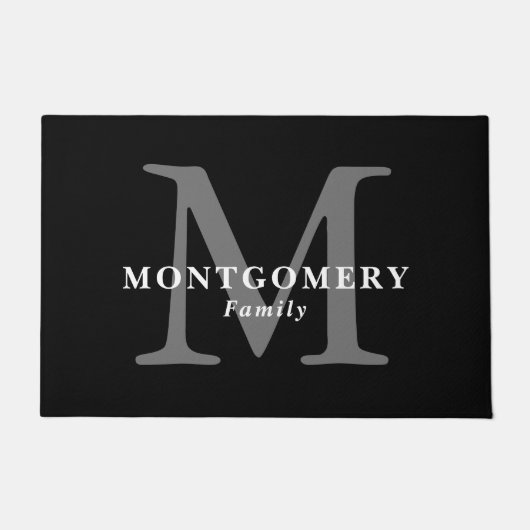 Zwart Wit Monogram Grijs Elegant Chic Familienaam Deurmat (Voorkant)