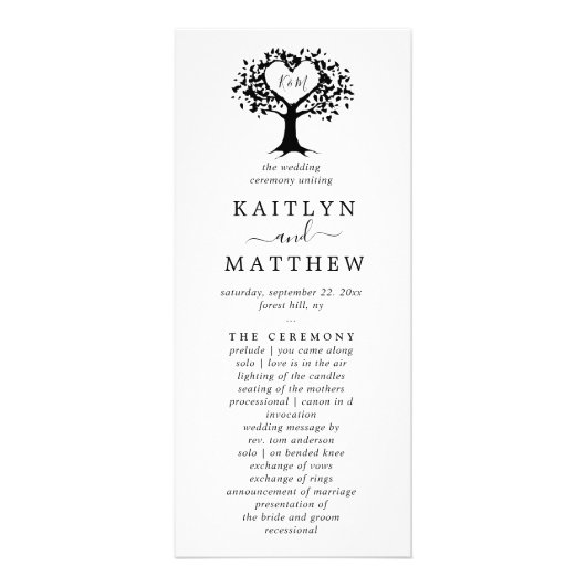Zwart-wit Monogram Hart Boom Trouwprogramma Reclamekaart (Voorkant)