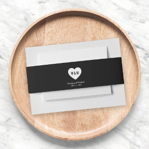 Zwart & Wit Monogram Hart Trouwdag Uitnodigingen Wikkel
