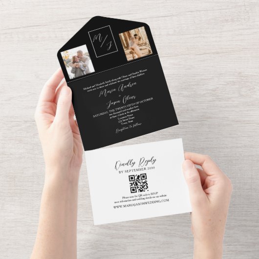 Zwart-wit Monogram Huwelijk QR Code All In One Uitnodiging (Afscheurbaar)