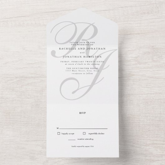 Zwart wit monogram in één bruiloft all in one uitnodiging (Binnen)
