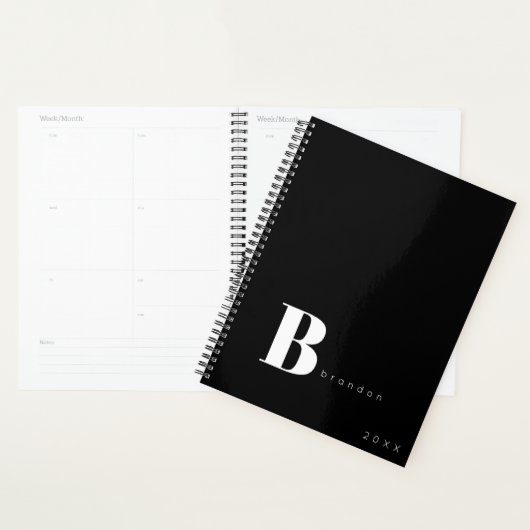 Zwart wit monogram initiaal naam bedrijf 2026 planner (Display)