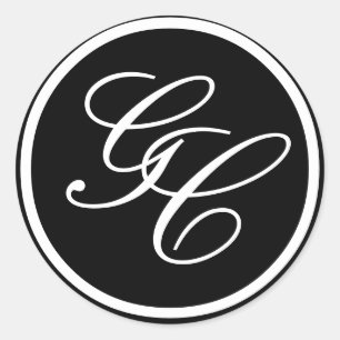 Zwart-wit Monogram Initialen Bruiloft Uitnodigen Ronde Sticker