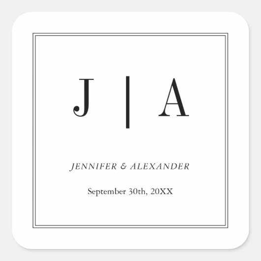 Zwart-wit monogram Modern Simple Wedding Vierkante Sticker (Voorkant)