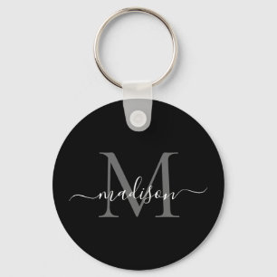 Zwart wit monogram naam Elegant modern script Sleutelhanger