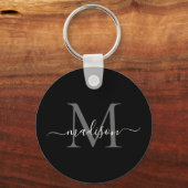 Zwart wit monogram naam Elegant modern script Sleutelhanger (Voorkant)
