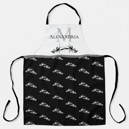 Zwart wit monogram Naam Lobster Pattern Schort (Voorkant)
