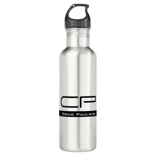 Zwart Wit Monogram Naam Modern Eenvoudig Waterfles (Voorkant)