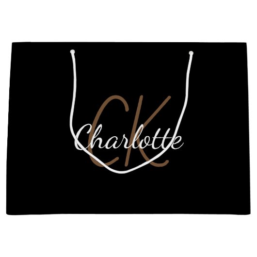 Zwart wit monogram naam script modern elegant groot cadeauzakje (Voorkant)