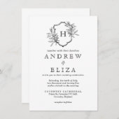  zwart & wit monogram olijven bruiloft kaart (Voorkant / Achterkant)