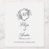  zwart & wit monogram olijven bruiloft wijn etiket (Enkel label)
