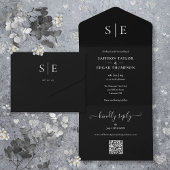Zwart-wit monogram QR-code bruiloft All In One Uitnodiging
