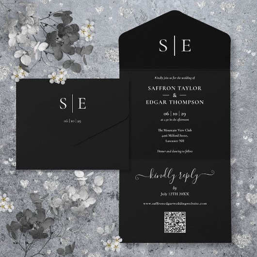 Zwart-wit monogram QR-code bruiloft All In One Uitnodiging