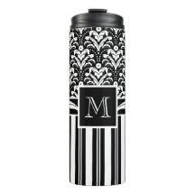 Zwart-wit Monogram Retro Bloemen Damast