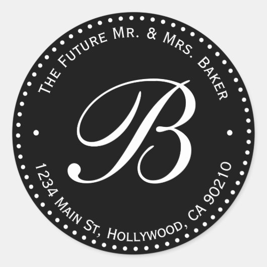 Zwart-wit Monogram Rond Terugkeeradresetiket Ronde Sticker (Voorkant)