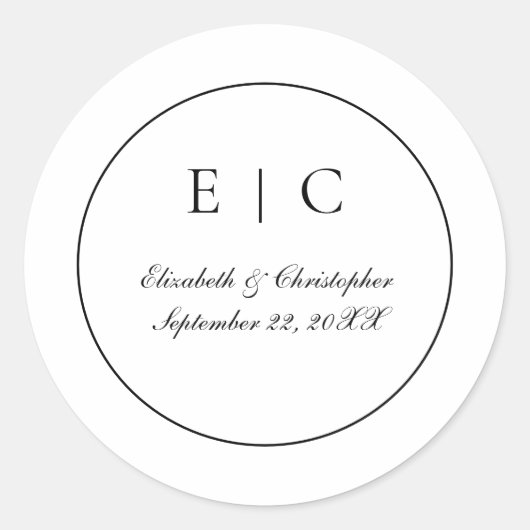 Zwart Wit Monogram Schrift Traditionele Trouw Ronde Sticker (Voorkant)