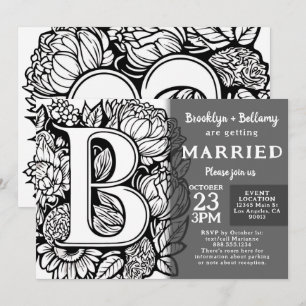 Zwart-wit Monogram Tattoo Bloemen Bruiloft Kaart