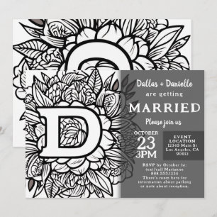Zwart-wit Monogram Tattoo Bloemen Bruiloft Kaart