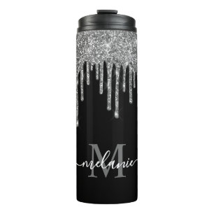 Zwart-wit monogram zilver glitter Drip Thermosbeker