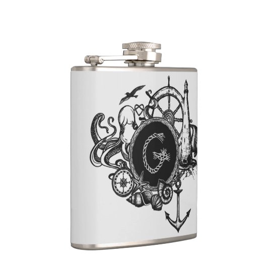 Zwart-wit monogramme Nautisch thema Heupfles (Rechts)