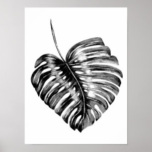Zwart-wit monsterblad waterverf tropisch poster