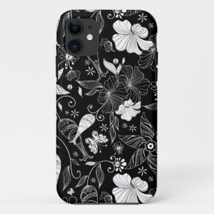Zwart-wit mooi retro bloemen patroon iPhone 11 hoesje