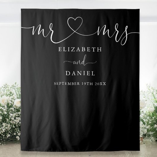 Zwart-wit Mr en Mrs Heart Script bruiloft Wandkleed