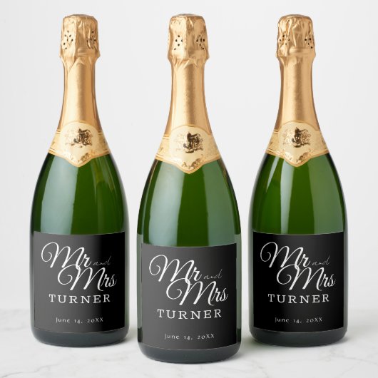 Zwart-wit Mr en Mrs Wedding Sparkling Wijnetiket (Flessen)