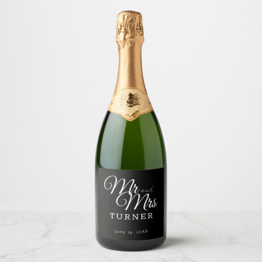 Zwart-wit Mr en Mrs Wedding Sparkling Wijnetiket (Voorkant)