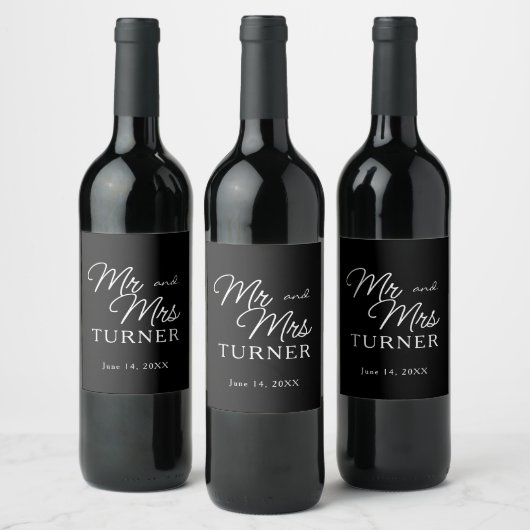 Zwart-wit Mr en Mrs Wedding Wijn Etiket (Flessen)