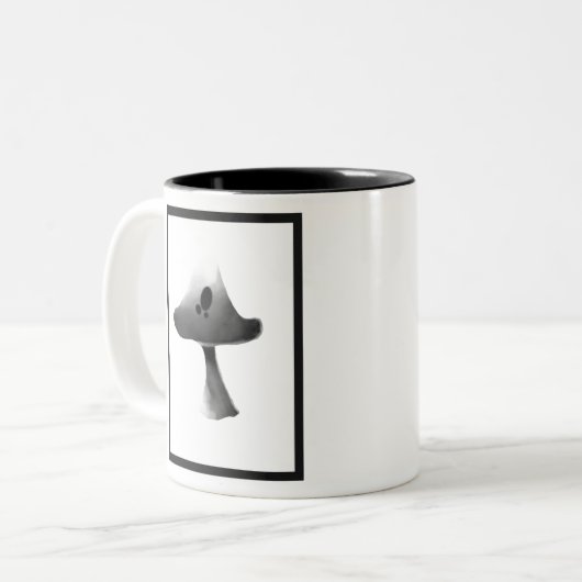 Zwart-wit Mushroom Illustratie Cartoon Tweekleurige Koffiemok (Voorkant links)