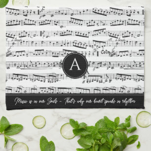 Zwart-wit Musical Notes Aangepaste Monogram Muziek Theedoek