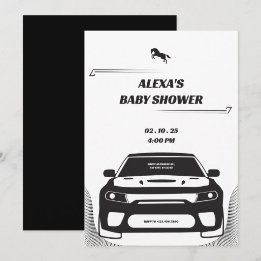 Zwart-wit Mustang Car Baby shower Invitation Kaart (Voorkant / Achterkant)