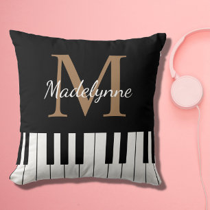 Zwart wit muziek thema piano toetsenbord Monogram Kussen