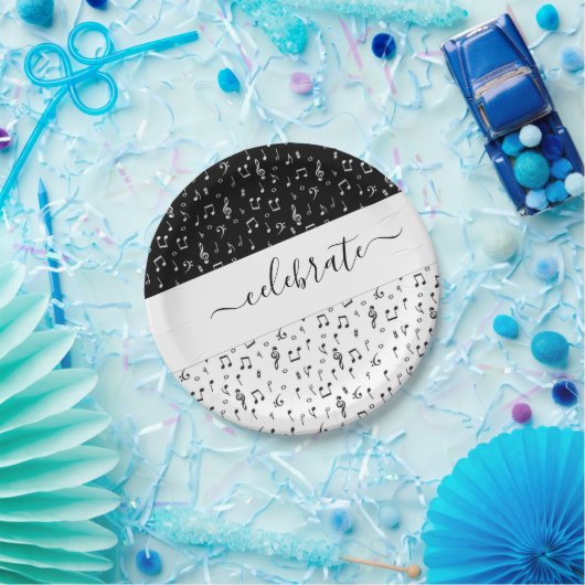 Zwart-wit muzikaal gepersonaliseerd papieren bordje (Feest)