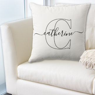 Zwart Wit Naam Monogram Modern Schrift Minimalisti Kussen