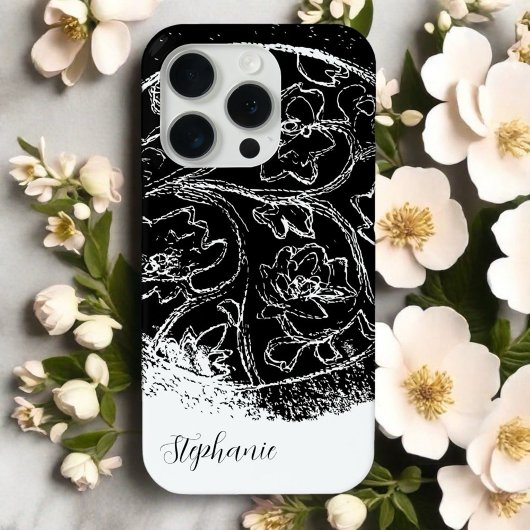 Zwart wit naam script lijn kunst bloemengrafiek Case-Mate iPhone case